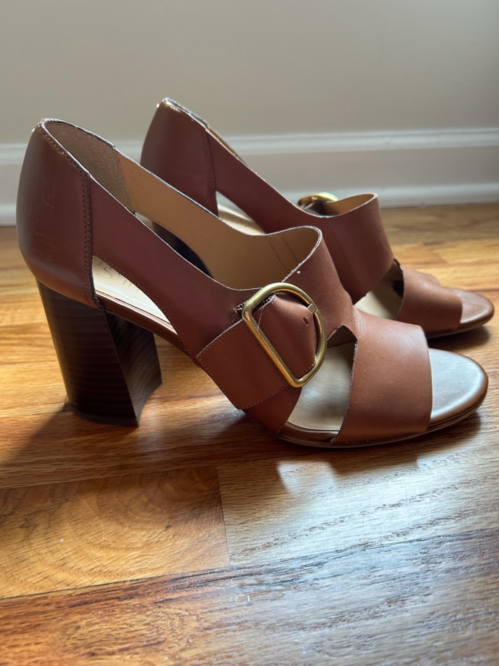 Franco Sarto Tan Brown Leather Block Heel Sandals with Gold Buckle